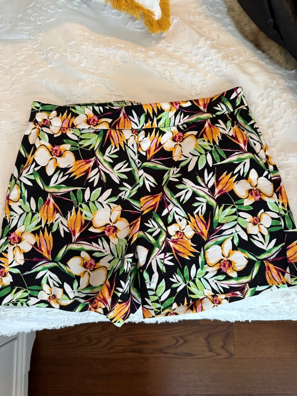 White House Black Market Black Floral Print Shorts with Yellow & Green Leaves